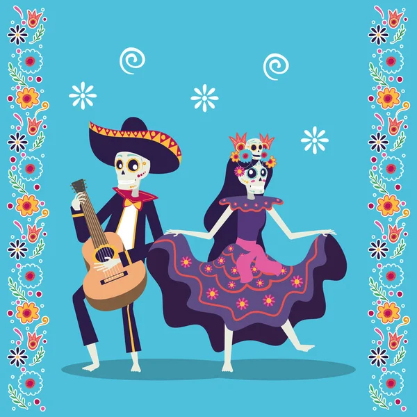 Dia de los muertos carte avec mariachi jouer de la guitare et catrina — Image vectorielle