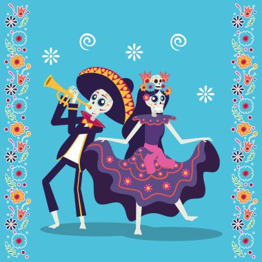 dia de los muertos card with mariachi playing trumpet and catrina clipart