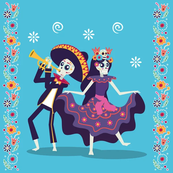 Dia de los muertos card with mariachi playing trumpet and catrina — Stock Vector