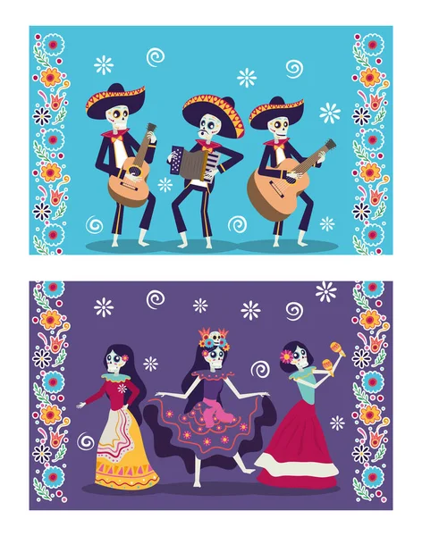Dia de los muertos card with mariachis and catrinas skuls — стоковый вектор