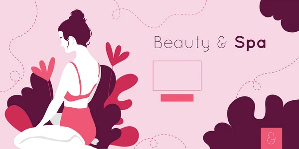 Ομορφιά και spa κάρτα με γυναίκα και φύλλα φυτών — Διανυσματικό Αρχείο