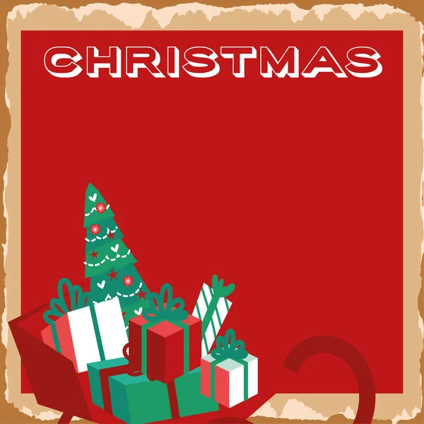 Счастливая рождественская открытка с соснами и подарками — стоковый вектор