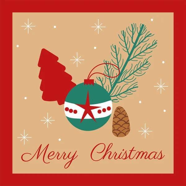 Χαρούμενη χριστουγεννιάτικη κάρτα με δέντρο και μπάλα — Διανυσματικό Αρχείο