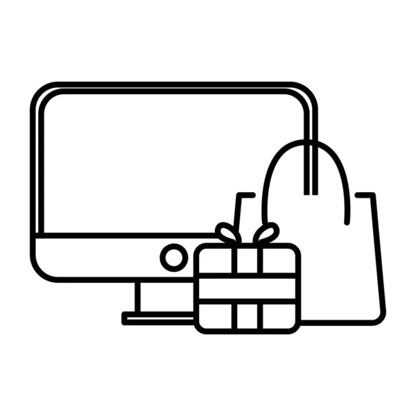 Computadora de escritorio con regalo y bolsa de compras — Vector de stock