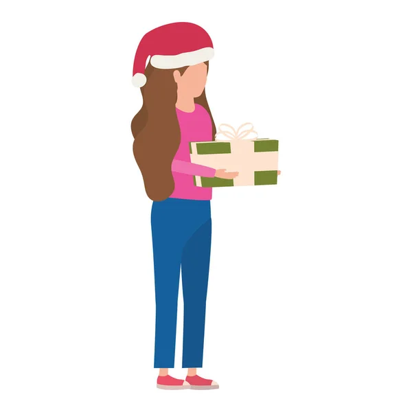 Молода жінка з різдвяним капелюхом і подарунковою коробкою — стоковий вектор
