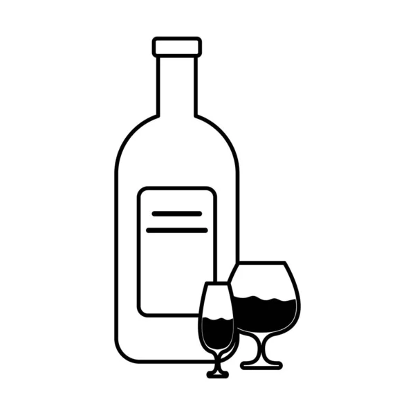 Butelka wina i filiżanki napoju odizolowana ikona — Wektor stockowy