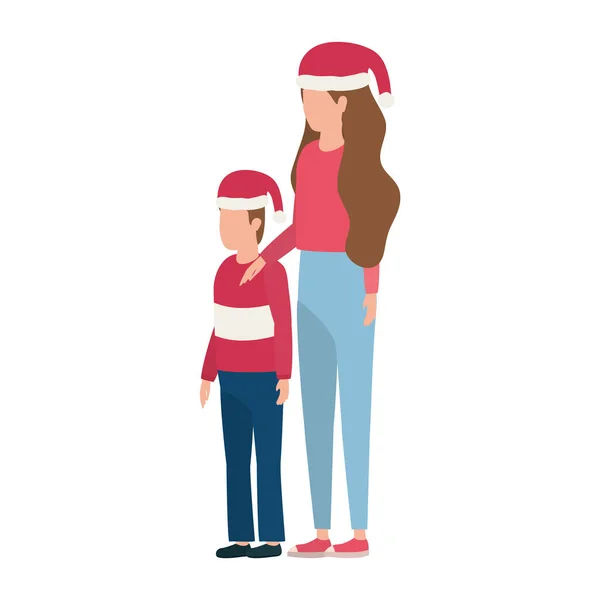 Madre e hijo con personajes de sombreros de Navidad — Vector de stock