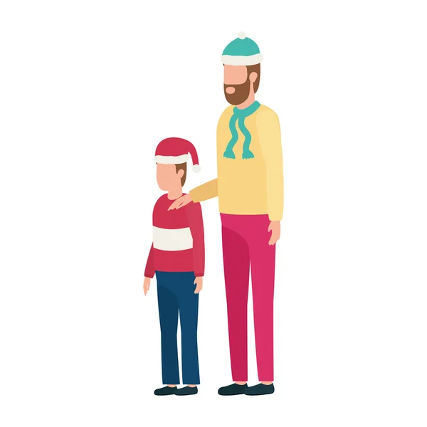 Père et fils avec chapeaux de Noël personnages — Image vectorielle