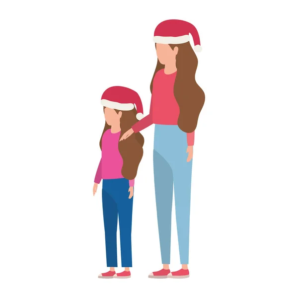 Mère et fille avec chapeaux de Noël personnages — Image vectorielle