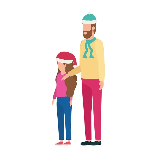 Père et fille avec chapeaux de Noël personnages — Image vectorielle