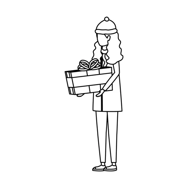 Молода жінка з різдвяним капелюхом і подарунковою коробкою — стоковий вектор