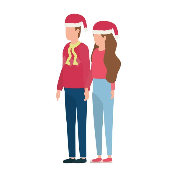 Jóvenes amantes pareja con personajes sombrero de Navidad — Vector de stock