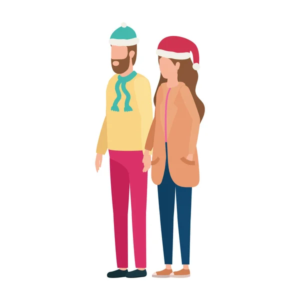 Jeune couple amoureux avec des personnages de chapeau de Noël — Image vectorielle