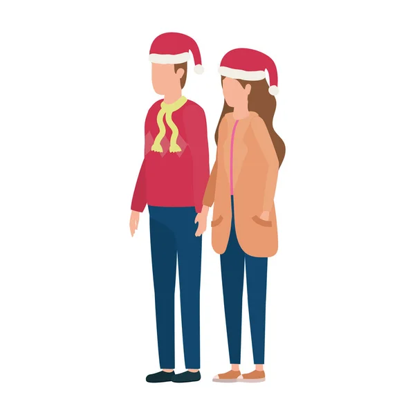 Jeune couple amoureux avec des personnages de chapeau de Noël — Image vectorielle