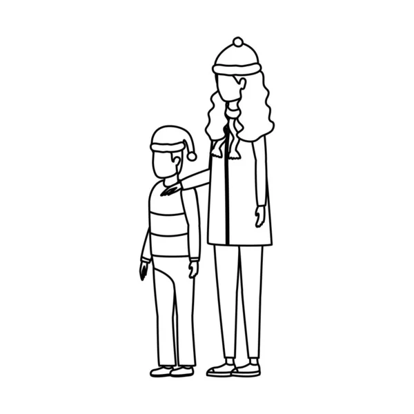 Mère et fils avec chapeaux de Noël personnages — Image vectorielle