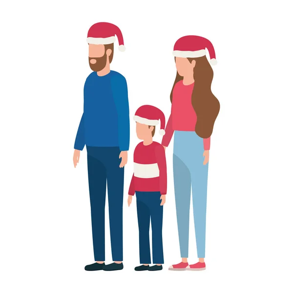 Padres pareja e hijo con sombreros de navidad personajes — Vector de stock