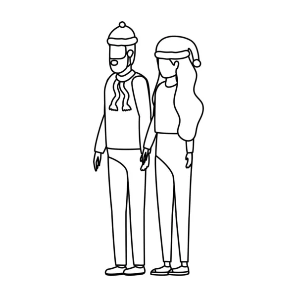 Giovani amanti coppia con personaggi cappello di Natale — Vettoriale Stock