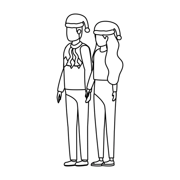 Mladý milenci pár s vánoční klobouk znaky — Stockový vektor