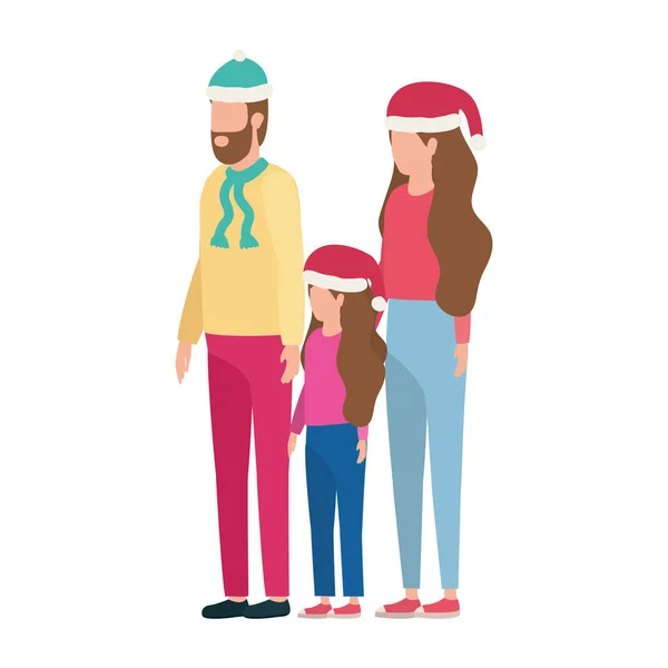 Padres pareja e hija con personajes sombreros de Navidad — Vector de stock