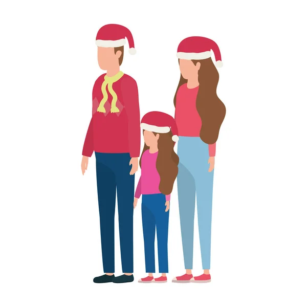 Parents couple et fille avec chapeaux de Noël personnages — Image vectorielle