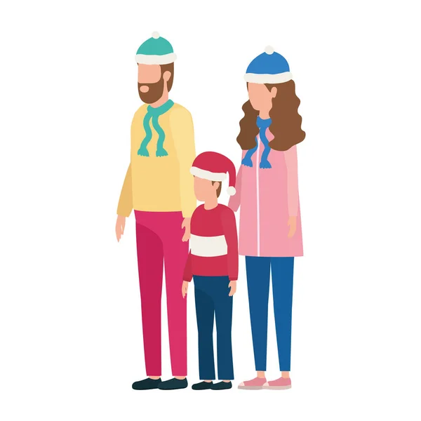 Parents couple et fils avec chapeaux de Noël personnages — Image vectorielle