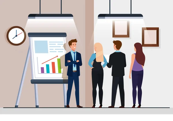Reunião de empresários com infográficos em quadro-negro — Vetor de Stock