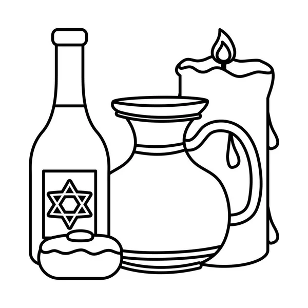 Happy hanukkah teapot jar with wine bottle and cupcake — Stock Vector