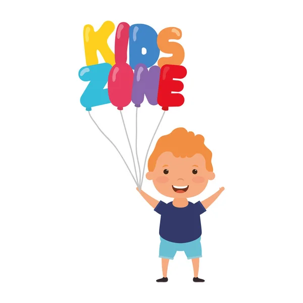 Schattig jongetje met kinderen zone ballonnen helium — Stockvector