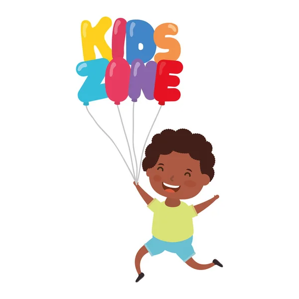 Schattig klein afro jongen met kinderen zone ballonnen helium — Stockvector