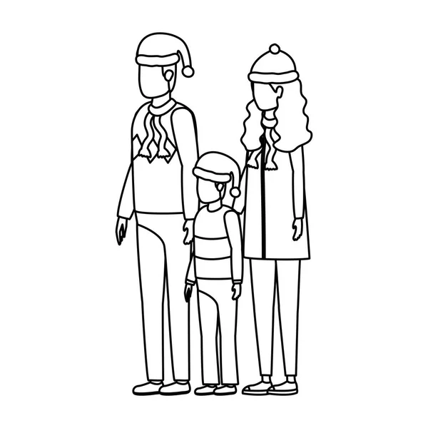 Родители пара и сын в рождественских шляпах персонажей — стоковый вектор