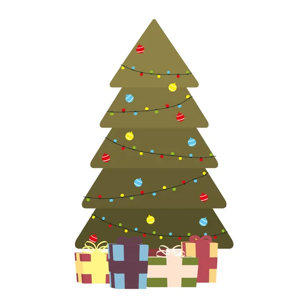 Sapin de Noël avec pendaison boules et cadeaux — Image vectorielle