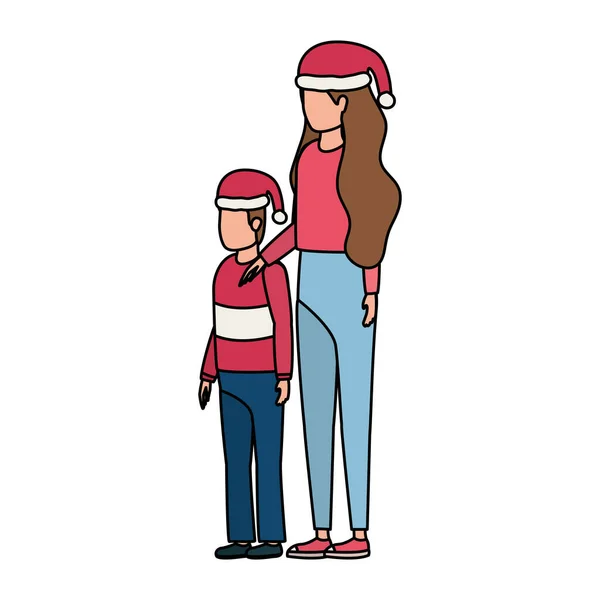 Mère et fils avec chapeaux de Noël personnages — Image vectorielle