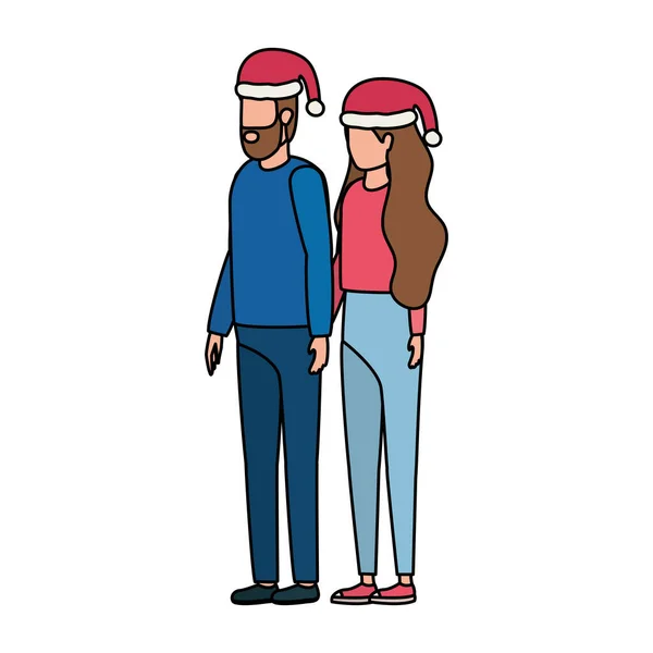 Jeune couple amoureux avec des personnages de chapeau de Noël — Image vectorielle