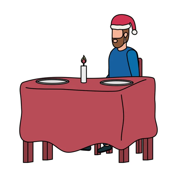 Jovem com chapéu de Natal na mesa de jantar — Vetor de Stock