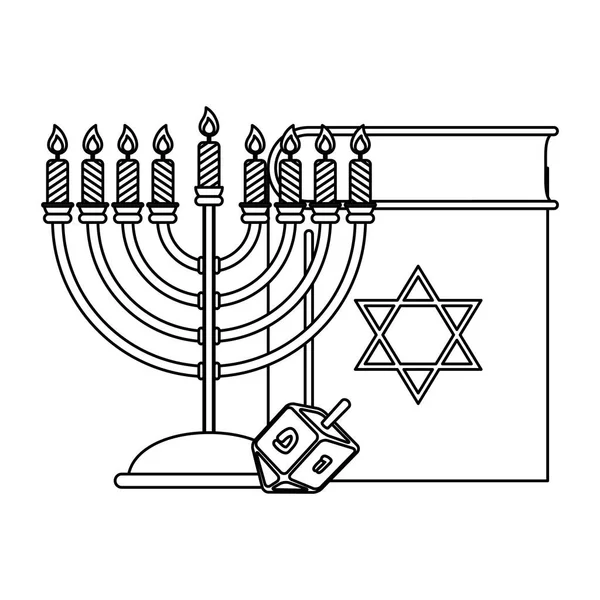 Happy hanukkah koran book with chandelier and pyrinola — Stock Vector