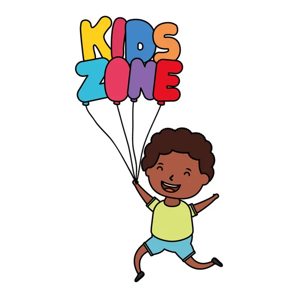 Cute little afro boy with kids zone balloons helium — Stock Vector