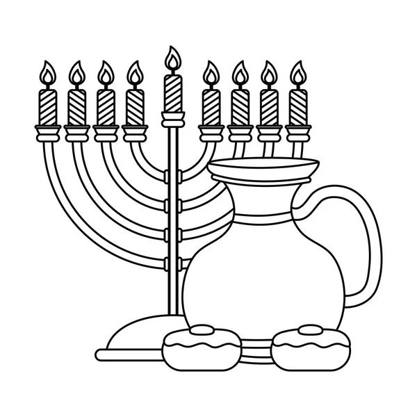 Frasco de tetera de hanukkah feliz con lámpara de araña y cupcakes — Vector de stock