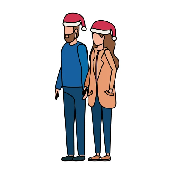 若い恋人たちはクリスマスの帽子のキャラクターと — ストックベクタ