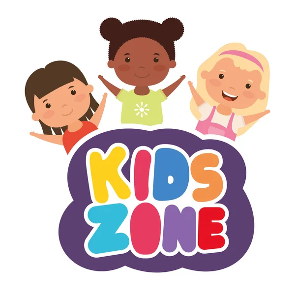 Cute little interracial girls with kids zone lettering — ストックベクタ