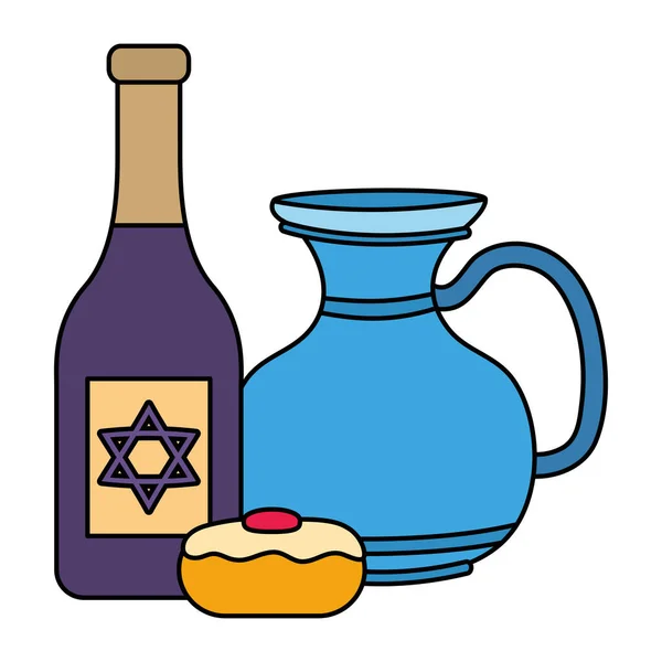 Heureux pot de théière hanukkah avec bouteille de vin et cupcake — Image vectorielle