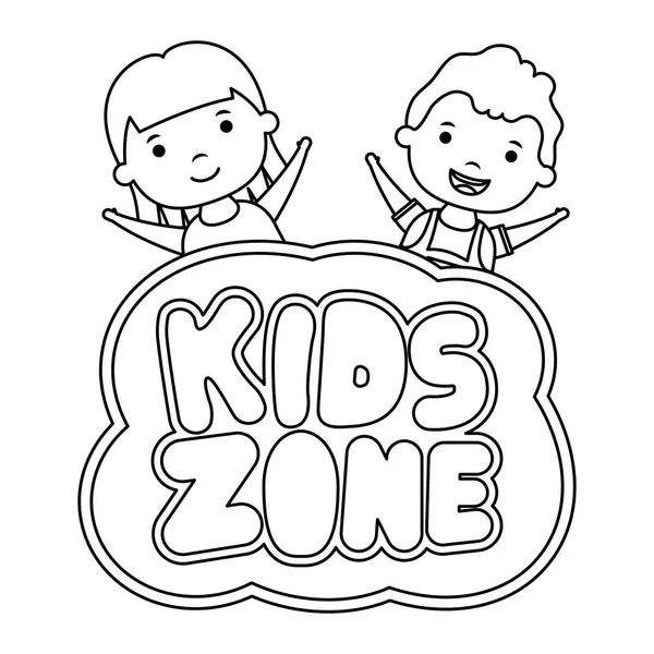 Cute little children couple with kids zone lettering — ストックベクタ