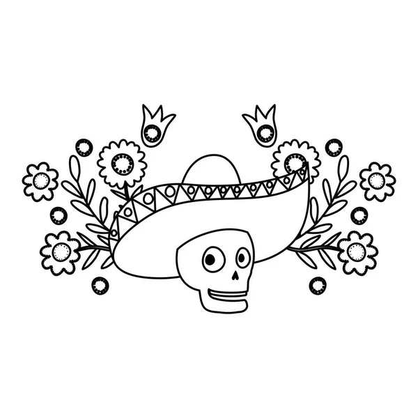 Mariachi crâne avec des fleurs caractère comique — Image vectorielle