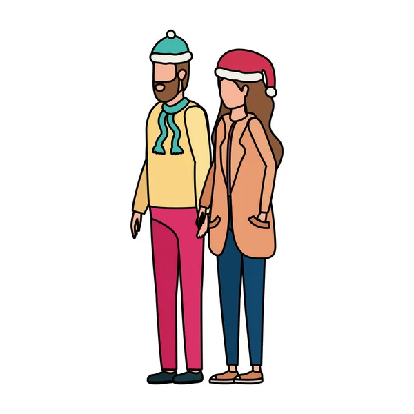 Jeune couple amoureux avec des personnages de chapeau de Noël — Image vectorielle