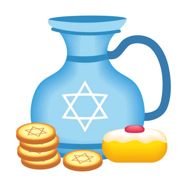 Happy hanukkah theepot pot met zoete cupcake en munten — Stockvector