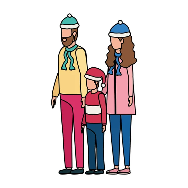 Γονείς ζευγάρι και γιος με χριστουγεννιάτικα καπέλα χαρακτήρες — Διανυσματικό Αρχείο