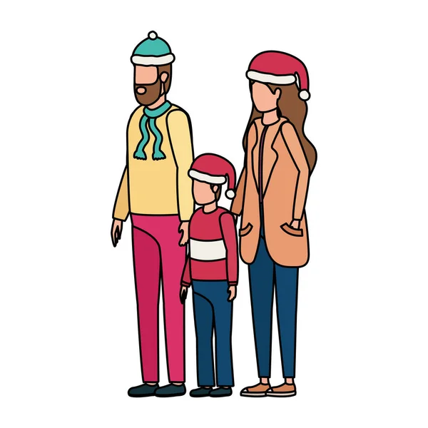 Parents couple et fils avec chapeaux de Noël personnages — Image vectorielle