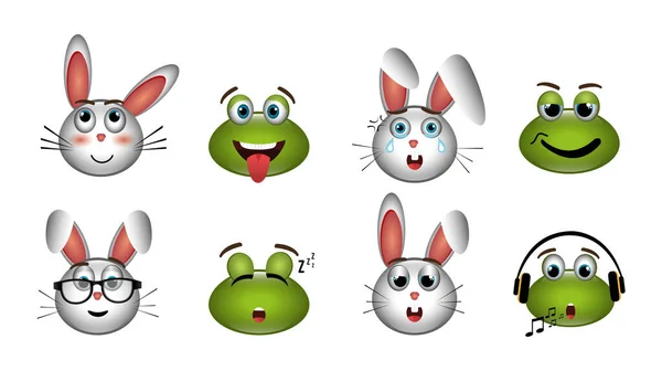 Paquete de emoticonos ranas y conejos — Vector de stock