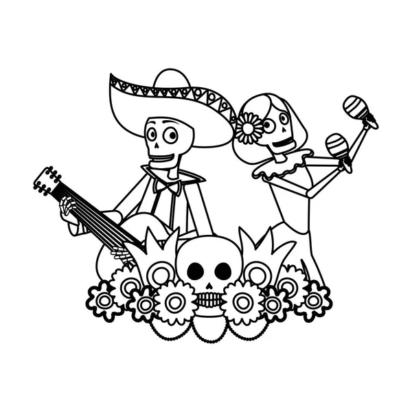 Crânes de catrina et mariachi jouant des maracas et de la guitare — Image vectorielle