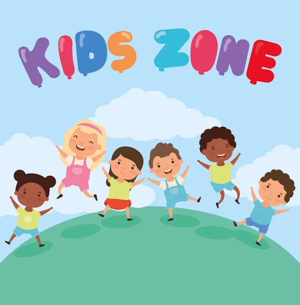 Kids zone met interraciale kinderen groep in het veld — Stockvector