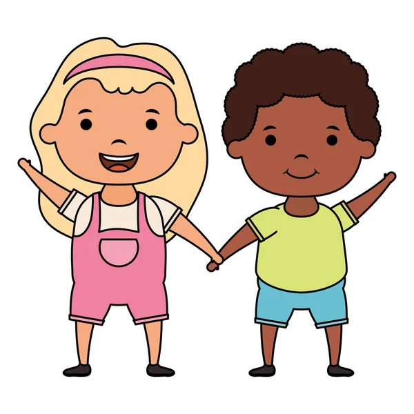 Schattig klein interraciaal kinderen paar stripfiguren — Stockvector